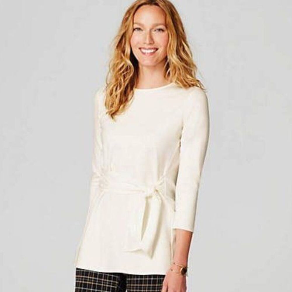 J.Jill Ponte Knit 3/4 Sleeve Pullover Tunic Top Cream Tie Front Size‎ L Tall